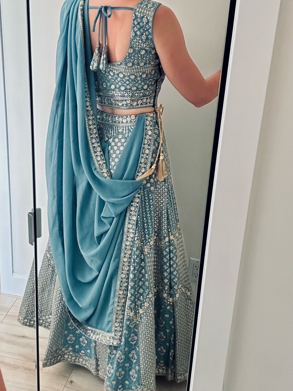 Teal Blue Embroidered Lehenga Choli with Draped Dupatta